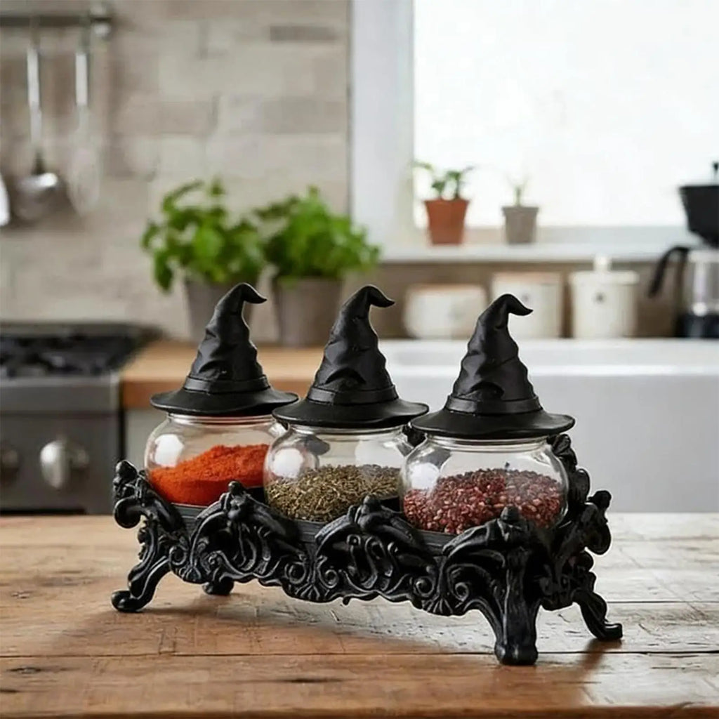 Witch Hat Jar Gothic Glass Vintage Lids Salt Pepper Seasoning