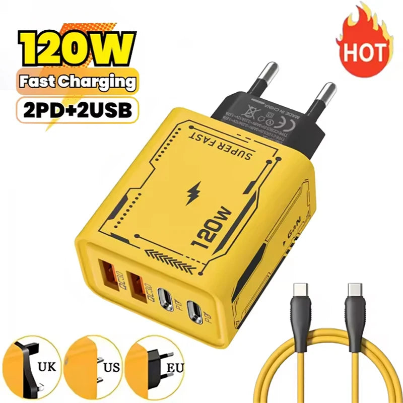 120W Charger Ultra Fast Charging 4 Ports Gan Wall Usb-c Qc 3 0 Phone