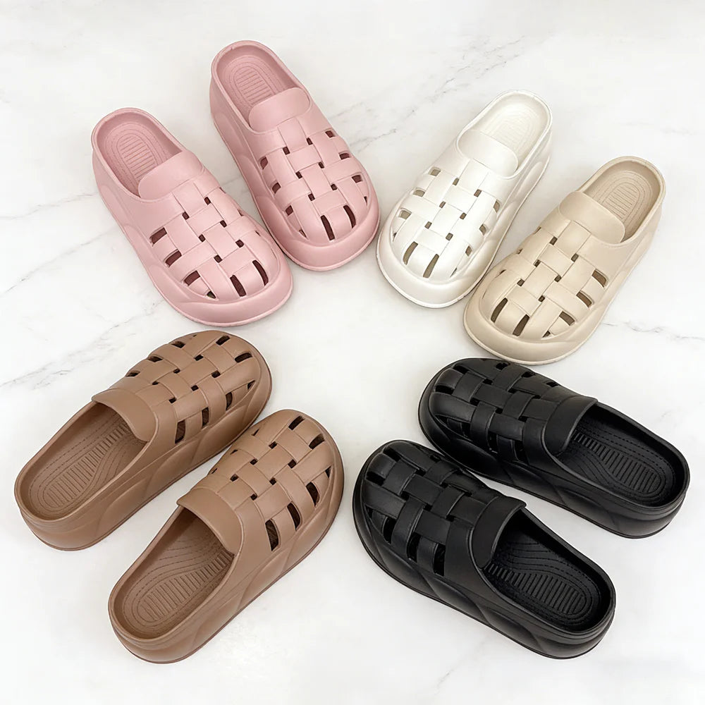 SHAJI Women Cloud Woven Sandals Closed Toe Hollow Thick Sole Slides