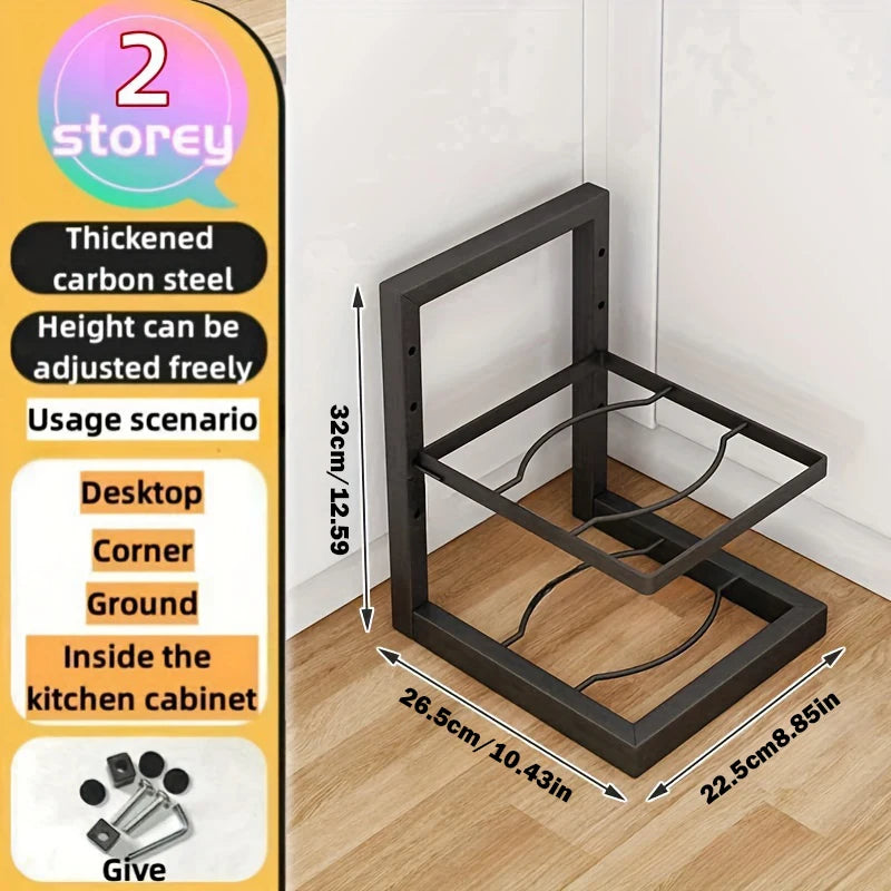 Adjustable Pot Rack Organizer, Kitchen Stainless Steel Pot Storage Rack ,Multi-Layer Household Pot and Pan Organzier for Kitchen Zpaxo 2 Tier Black