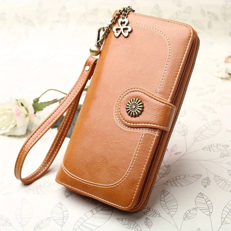 Long Wallet Clutch Bag Women Vintage Greased Leather Large Capacity
