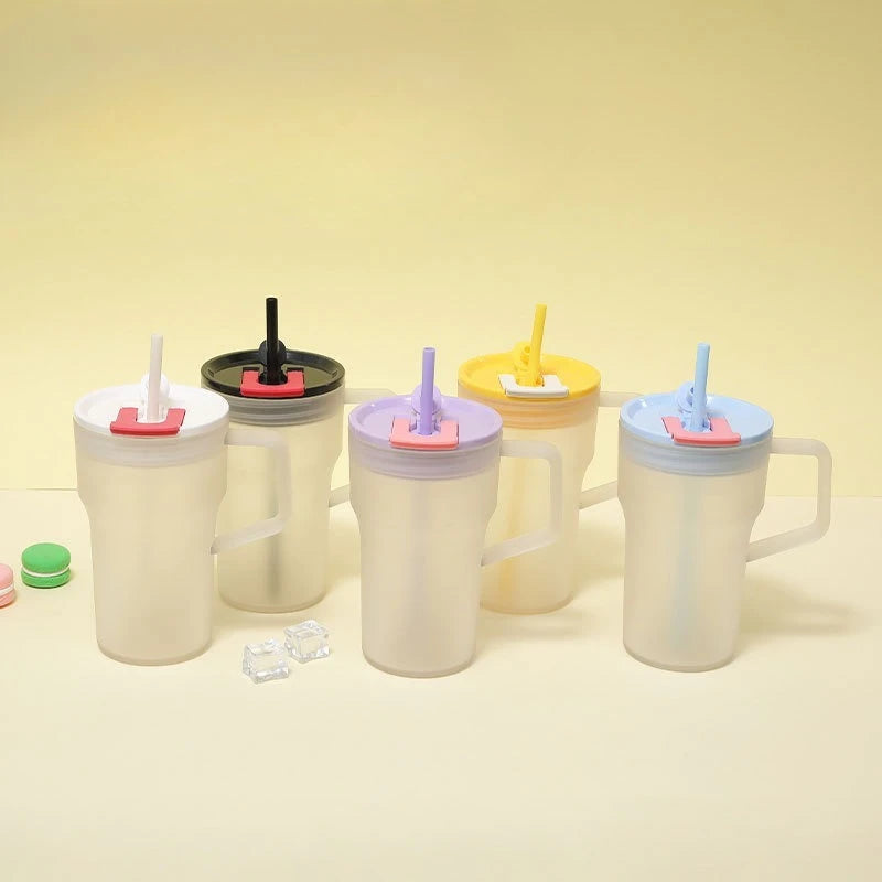 680ML Student Summer Frosted Tea Cup, Korean Style Large Capacity Handle Plastic Double Drinking Straw Cup, Ice King Water Cup Zpaxo