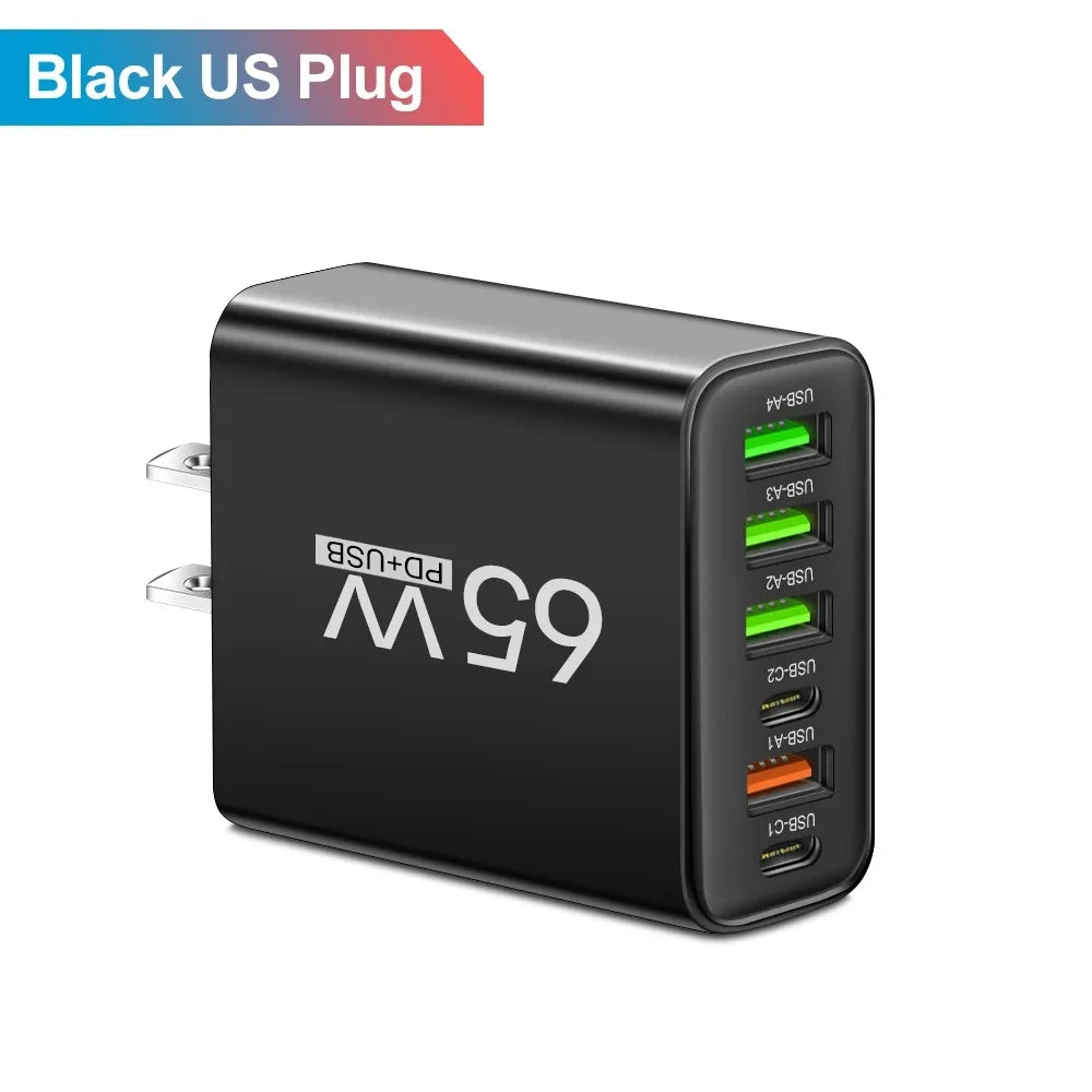 65W 6-Port USB-C PD Fast Wall Charger – iPhone & Android USB Wall Charger Zpaxo US Black