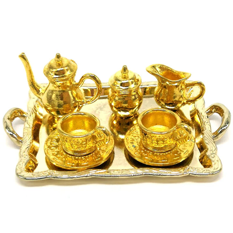 ▶10Pcs 1: 12 Dollhouse Furniture Miniature Dining Ware Metal Tea Cup Plate Set Zpaxo Gold