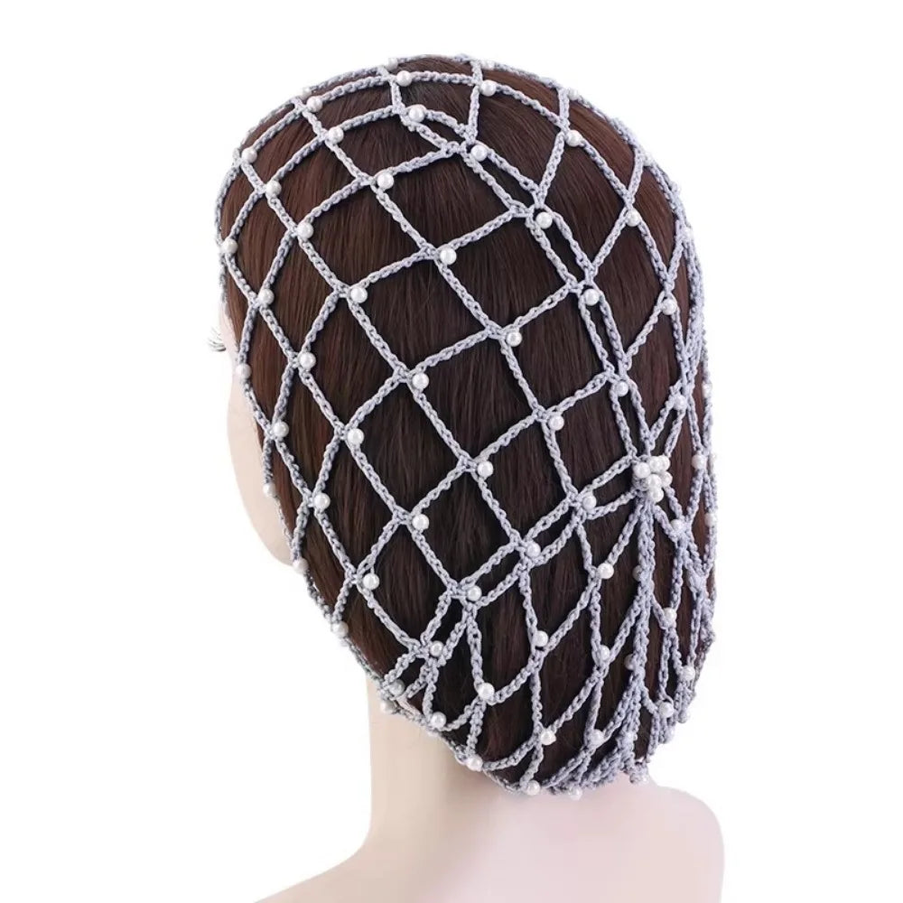 Pearls Beads Mesh Snood Hair Net Soft Solid Oversize Knit Hat Women Zpaxo