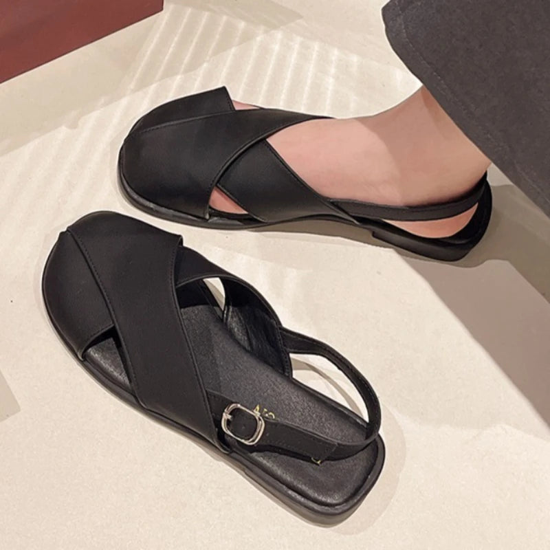 Women's Round Closed Toe Solid Vintage Comfortable Sandals Summer Zpaxo black 35