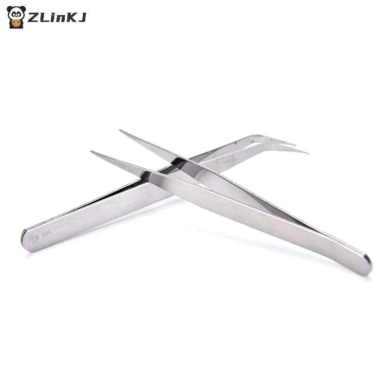 ▶2Pcs Stainless Steel Straight Elbow Tweezers Set Zpaxo