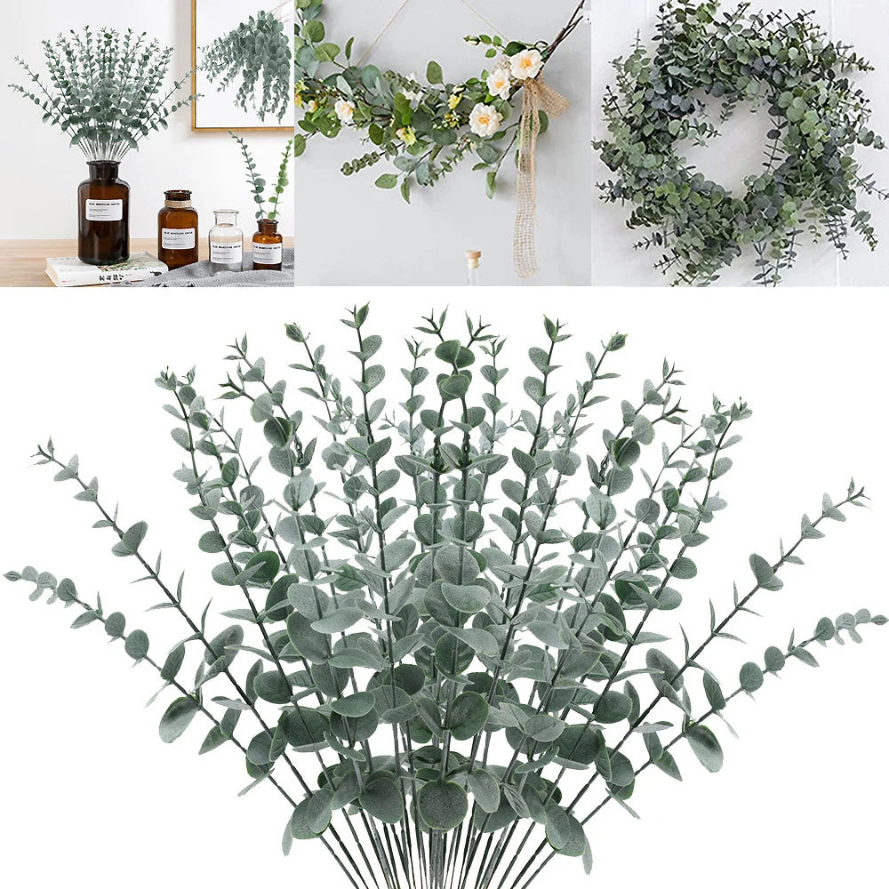 10- Artificial Eucalyptus Leaves Stems Branches Green Plants Wedding