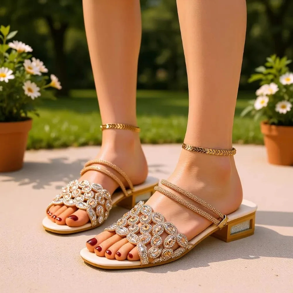 Elegant Gold Rhinestore Square Toe Low Heel Sandals Women Summer 2026
