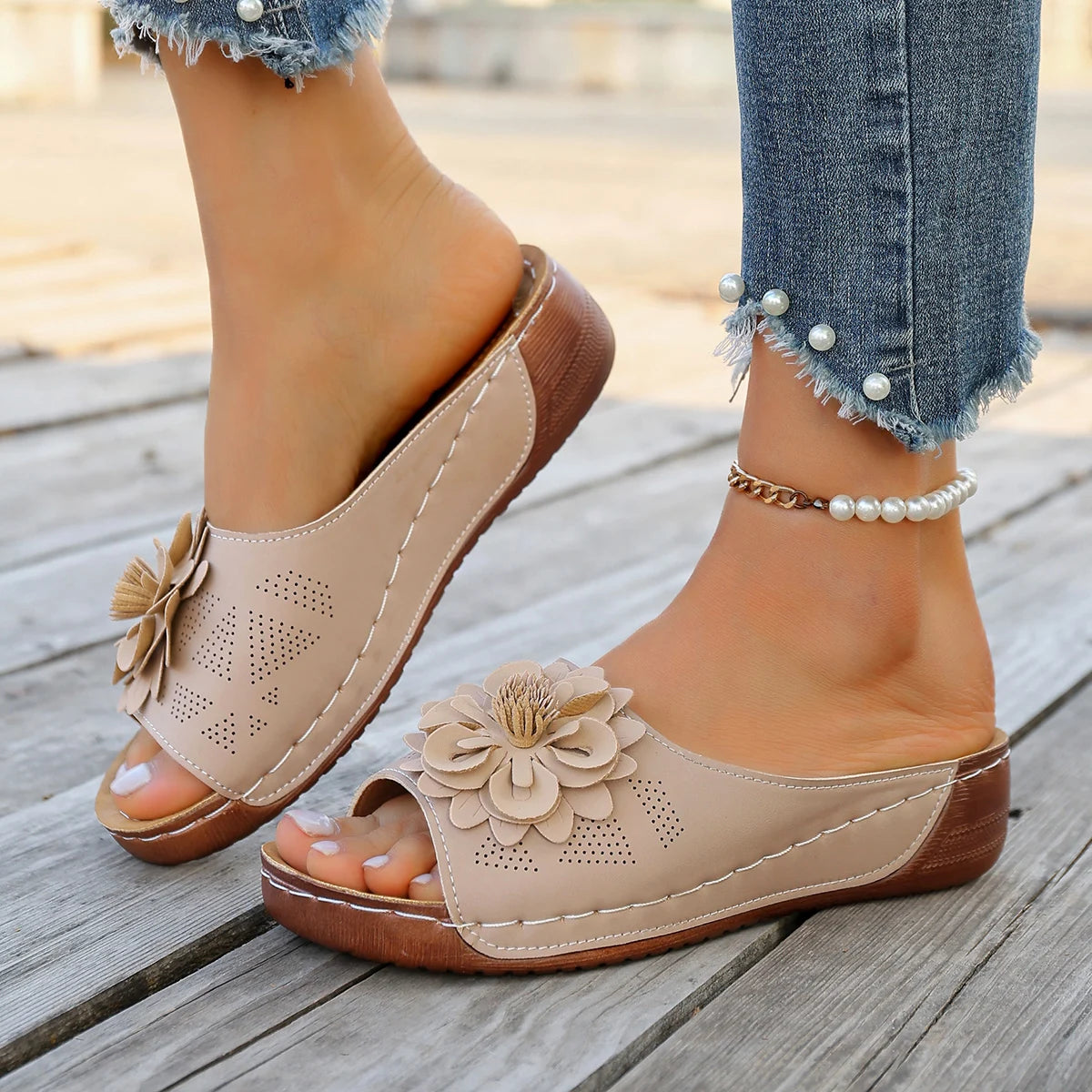 Women Slippers 2025 Elegant Platform Fashion Beach Slides Casual Zpaxo Khaki 43