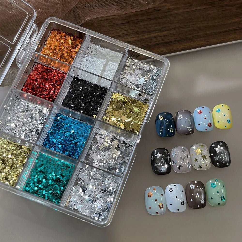 12 Grids Box Nail Art Sequins Mixed Shape Dot Flakes Glitter Mini Zpaxo