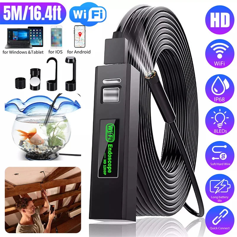 WiFi Borescope Inspection Camera 1200P HD IP68 Waterproof 8 LED
