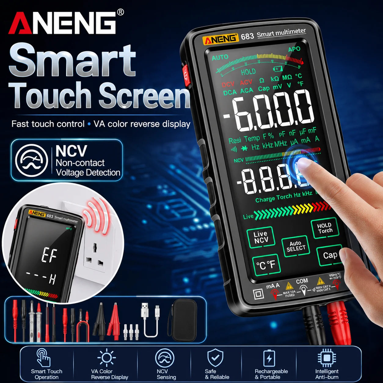 ANENG 683 Touchscreen Display USB Charging NCV Temperature Digital