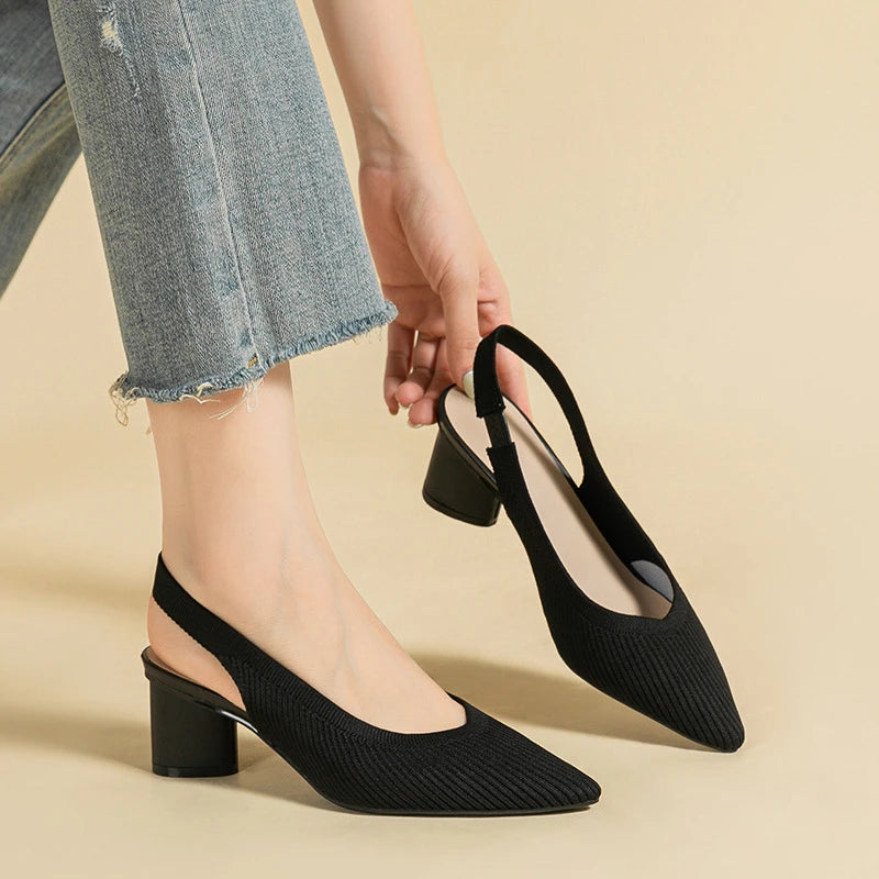 Vertical Texture Knit Princess Sandals Pointed Toe Shallow Cut Side Zpaxo