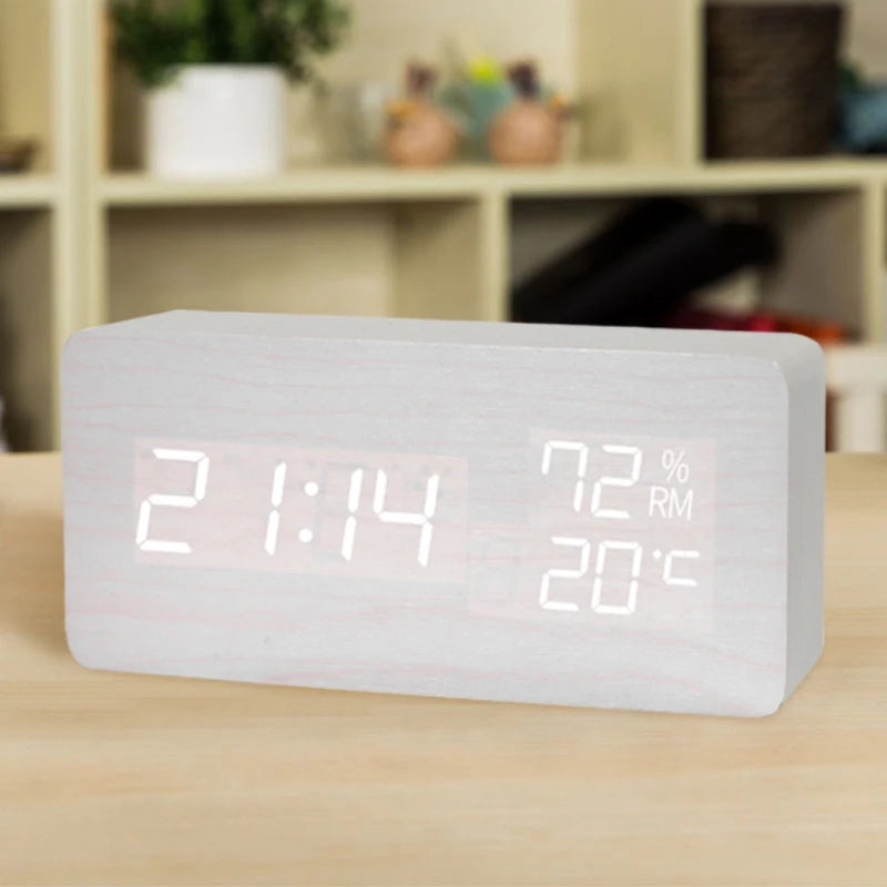 Wooden Temperature Humidity Display Clock Simple LED Silent Desktop