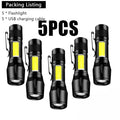 USB Rechargeable Mini COB+XPE Zoomable Flashlight – 3-Mode Torch LED Flashlight Torch Zpaxo 5PCS Black ZOOM