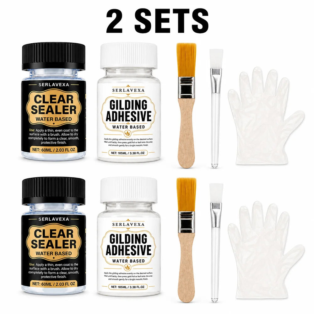 SIKEZHAN Gold Leaf Adhesive & Clear Sealer Kit, Gilding Glue for Wood & DIY Art, Crystal Finish, Brushes Gloves Kit, 105ml 60ml Zpaxo set 2