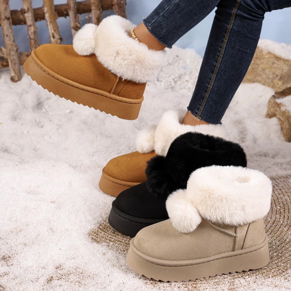 Fleece Lined Snow Boots with Ball Detail Low Top Booties Women Warm and Wear Resistant Shoes Winter Korean Style Cotton Shoes Zpaxo