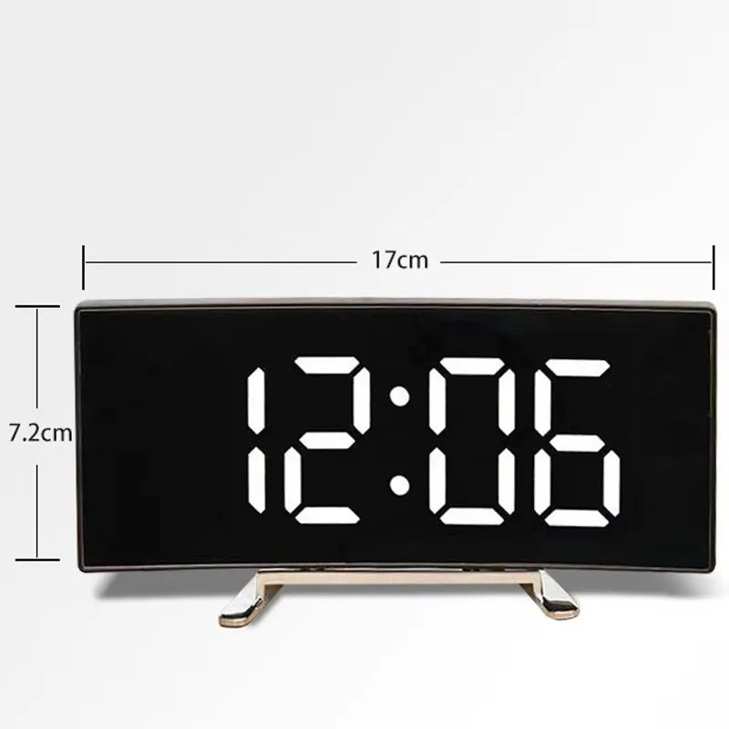 Creative Curved Electronic Clock LED Large Mirror Alarm Silent Smart