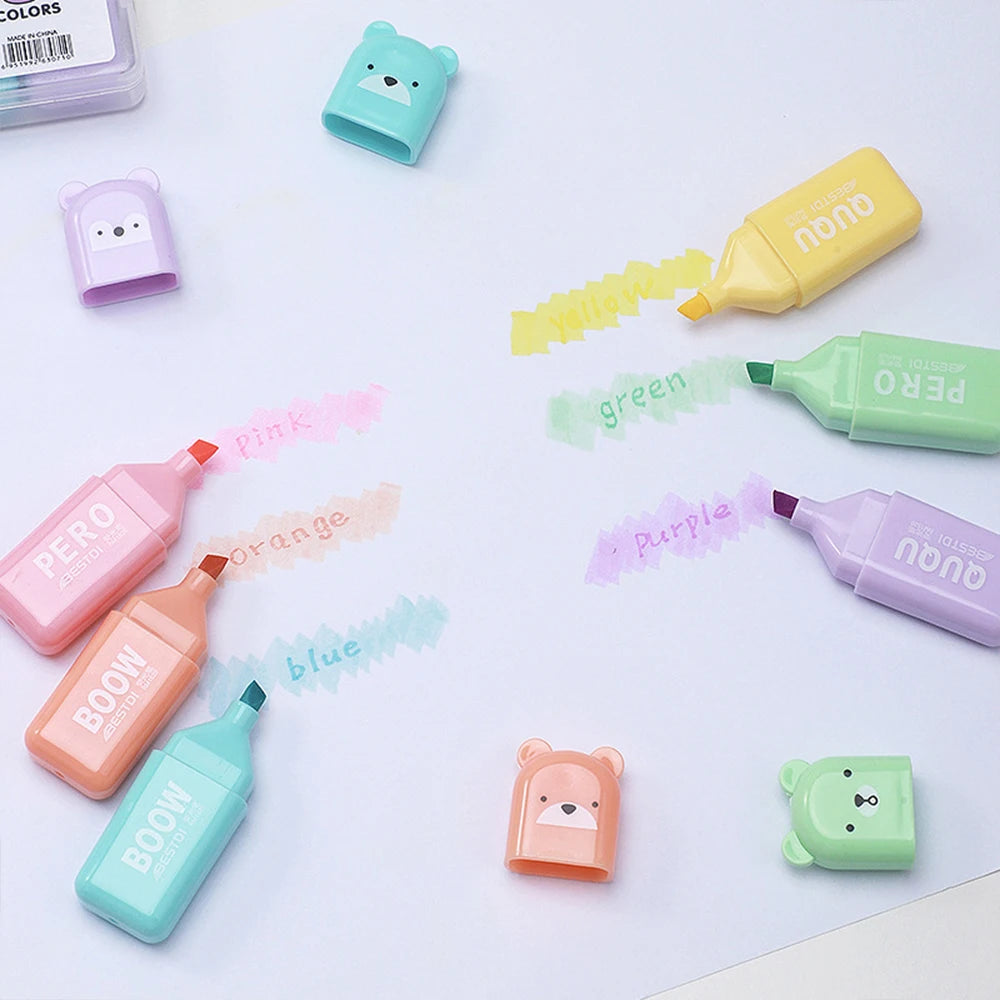 4/5/6Pcs Bear Mini Highlighter Pens Macaron Colors Chisel Tip Scrapbooking Marking Students School Office Supplies Zpaxo