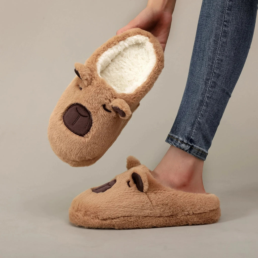 Pair Brown Plush Kapibara Animal Patterns Comfortable Furry Slippers