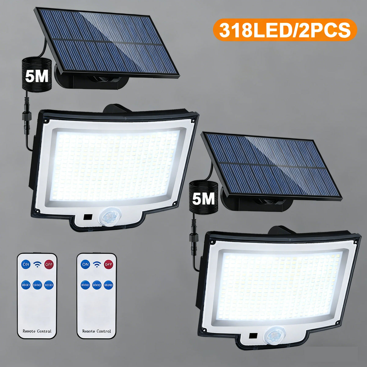 Solar Outdoor Motion Detector Lamp 400LED Solar Powered Wall Light 3 Modes Waterproof Flood Lights Garden Front Door Yard Zpaxo 318LED White 2pc