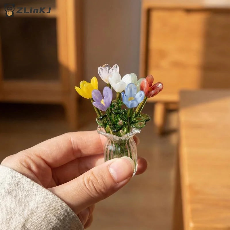 ▶Mini Lifelike Glass Flowers Simulation Flowers Handcrafted Floral Sculpture Floral Bouquet With Vase Dollhouse Decorative Model Zpaxo