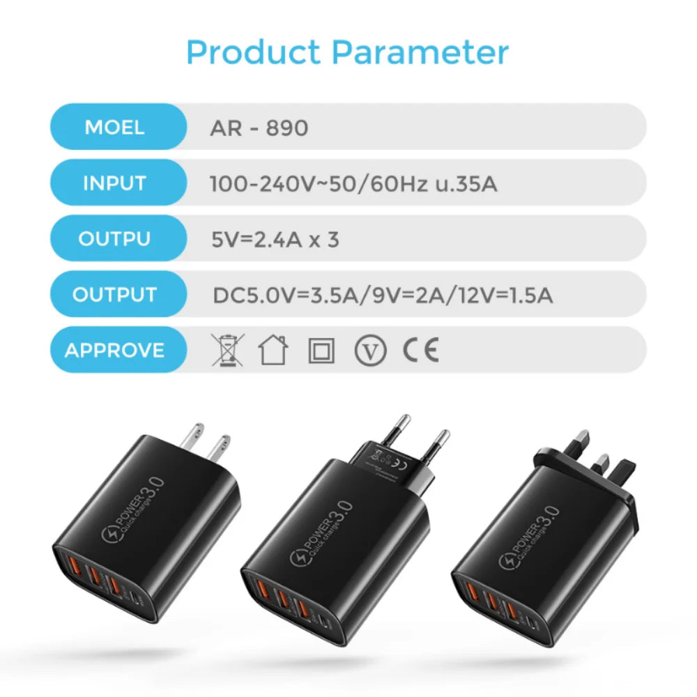 60W 4-Port USB Wall Charger – PD USB-C & Quick Charge 3.0 USB Wall Charger Zpaxo