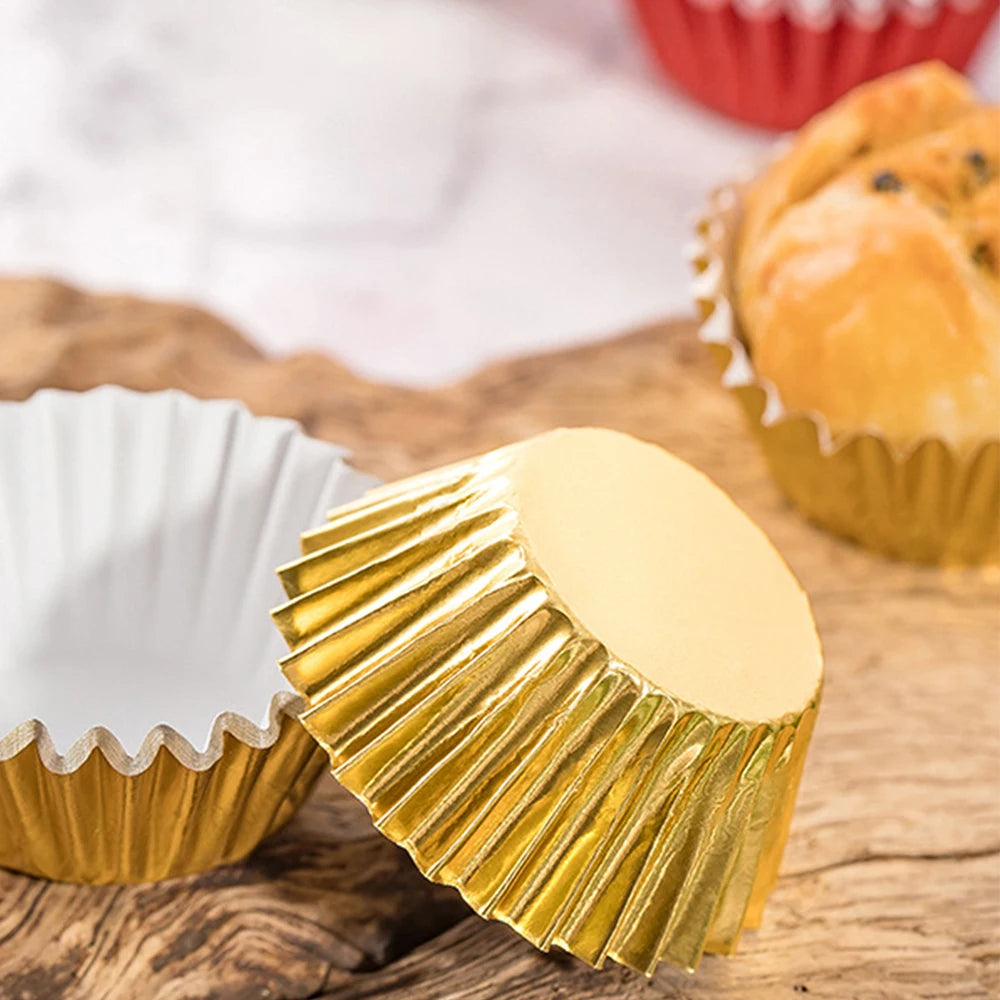 100Pcs Foil Cupcake Liners Metallic Muffin Paper Cases Baking Cups Gold Sliver Rose Gold Red Wedding Birthday Party Supplies Zpaxo