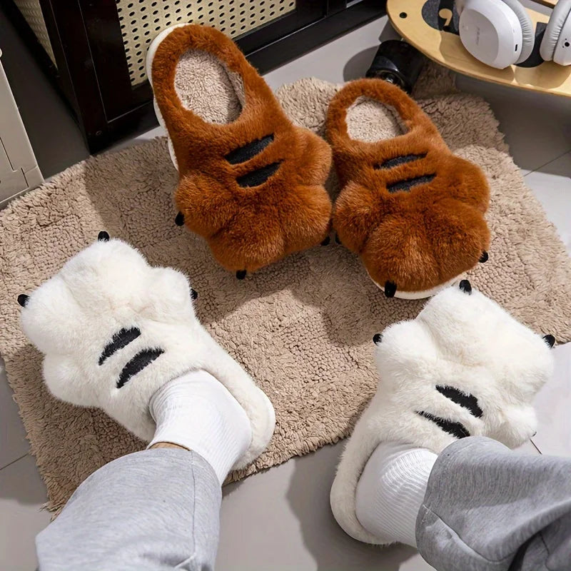 Cute Cartoon Fluffy Slippers Women Men Winter Warm Soft Plush Big Paw Zpaxo