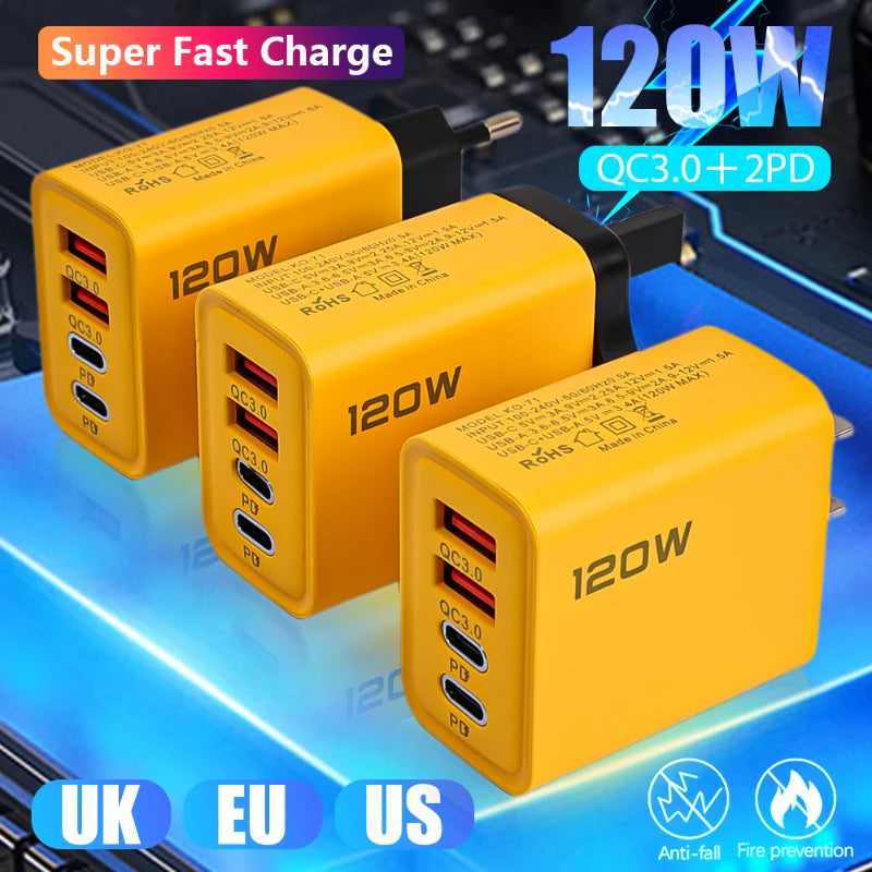 4 Ports 120W USB C PD Charger Quick Charge 3 0 Fast Charging Travel