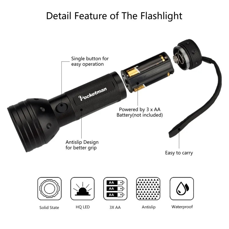 POCKETMAN UV Blacklight Flashlight – 9/12/21/51 LED 395nm