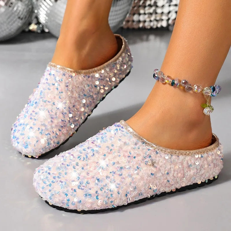 Bling Sequin Wedge Women's Slippers Round Toe Semi-sandals Outdoor Zpaxo