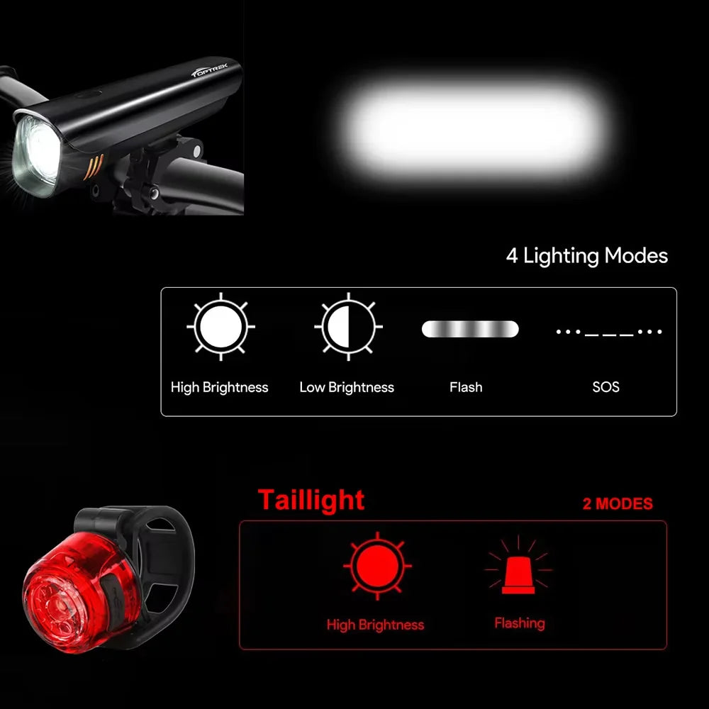 Toptrek Bicycle Light IPX5 Waterproof LED Bike Headlight Cycle Flashlight Handlebar USB Charging MTB Road Cycling Light Sets Zpaxo