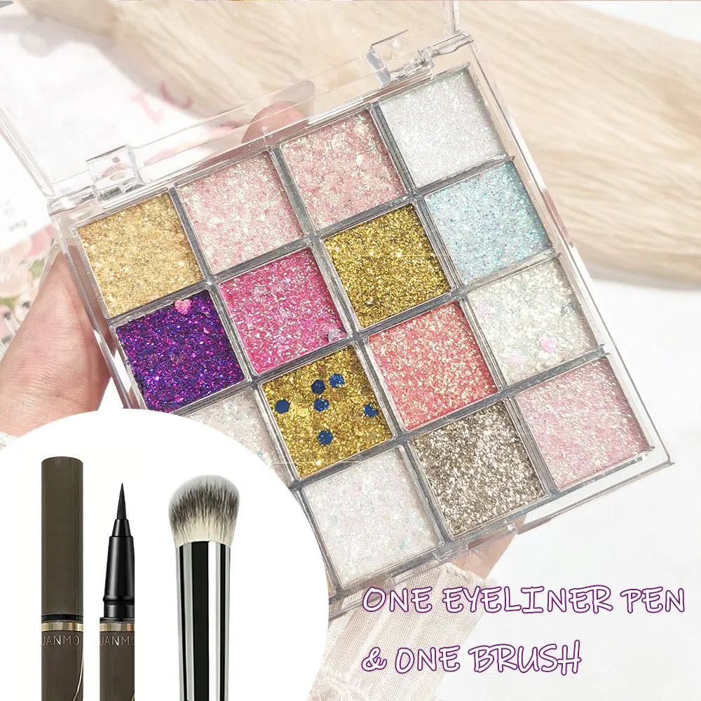 16-Color Glitter Eyeshadow Pumpkin Cherry Blue Purple Shades Bold Zpaxo involve brush set