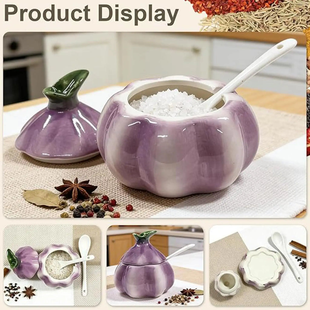 Salt Cellar Kitchen Ceramic Sugar Container Lid Spoon Onion Shaped