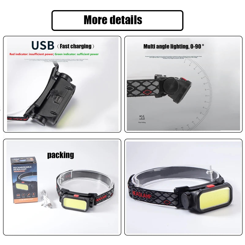 COB LED Headlamp USB Rechargeable 4 Modes – 18650 Battery