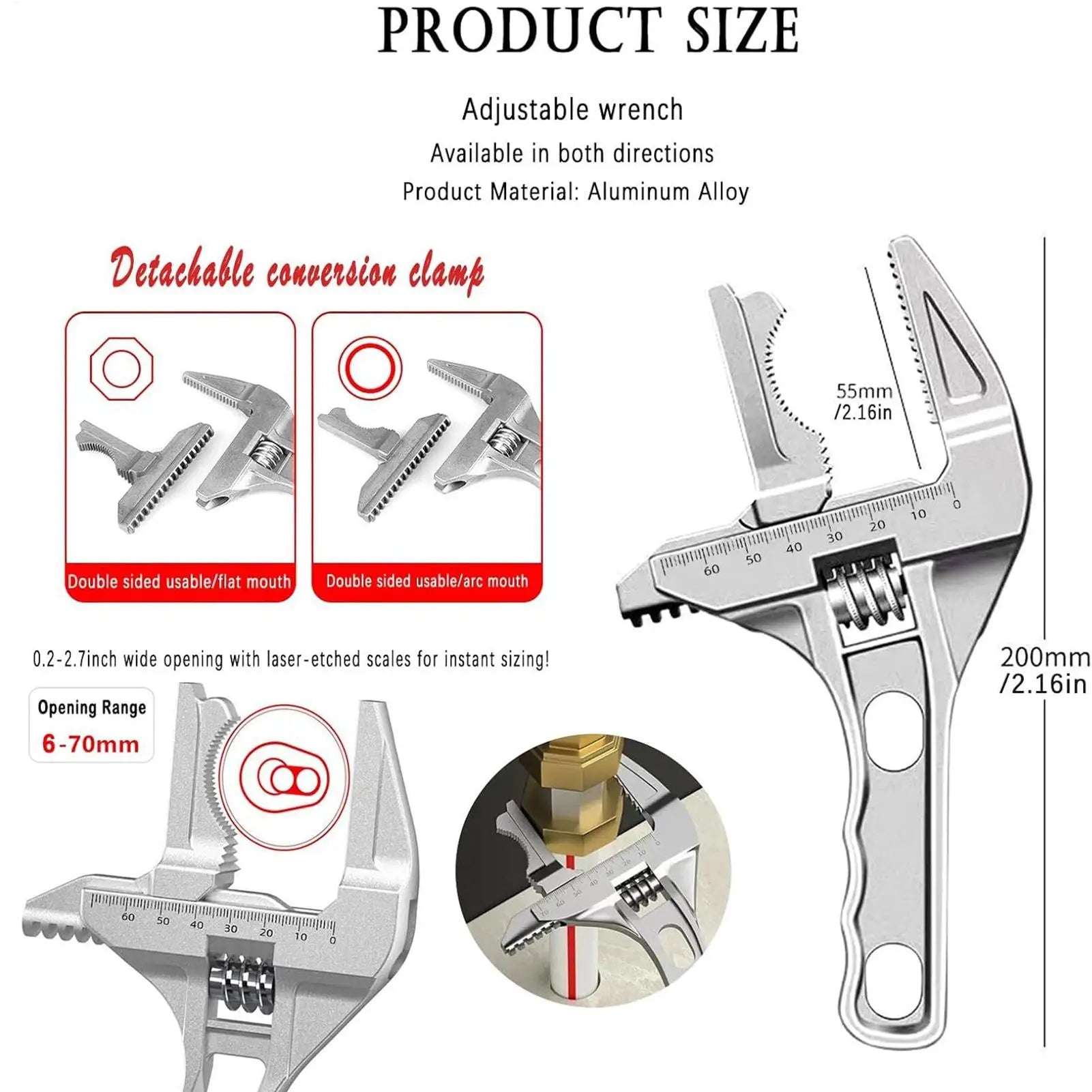 Wide Jaw Adjustable Wrench 0.2-2.7 Inch Heavy Duty Adjustable Spanner Wrench Working Tools for Shower Pipe Valve Plumbing Zpaxo