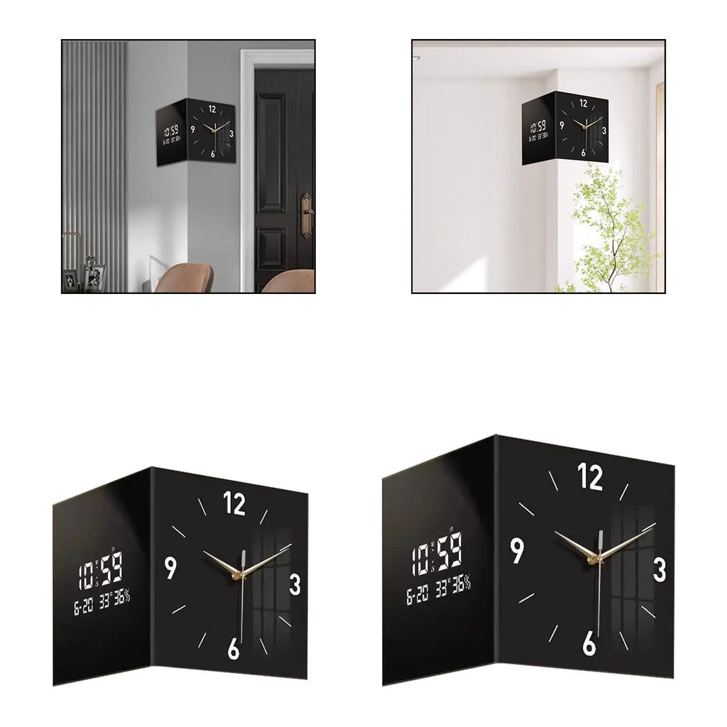 Double Sided Corner Wall Clock with Temperature & Date Display Double Sided Wall Clock Zpaxo