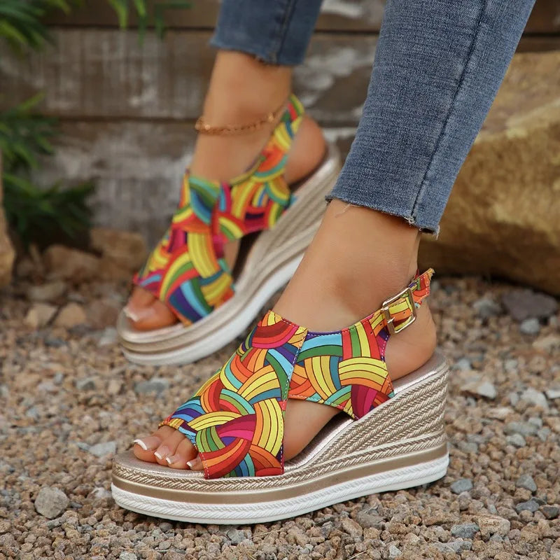Women's Fish Mouth Open Toe Vintage Ankle Buckle Strap Wedge Heel Zpaxo