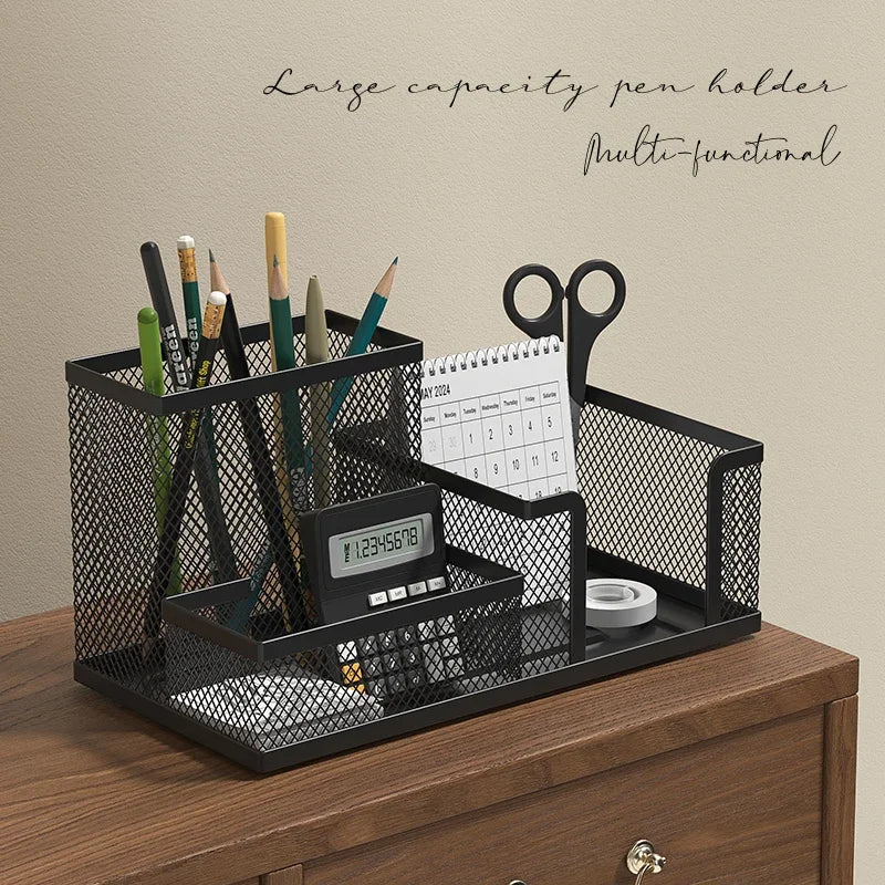 Mesh Desk Organizer Office Supplies Caddy with Pencil Holder and Storage Baskets for Desktop Accessories, 3 Compartments, Black Zpaxo