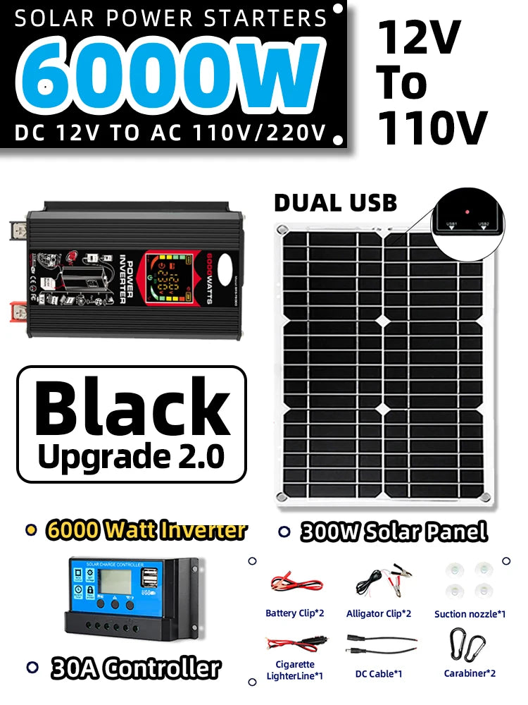6000W Inverter 12V to 220V/110V 30A Controller 300W Solar Panel Smart Charge Camping For Car RV Solar Series System Combination Zpaxo 110V 6000W