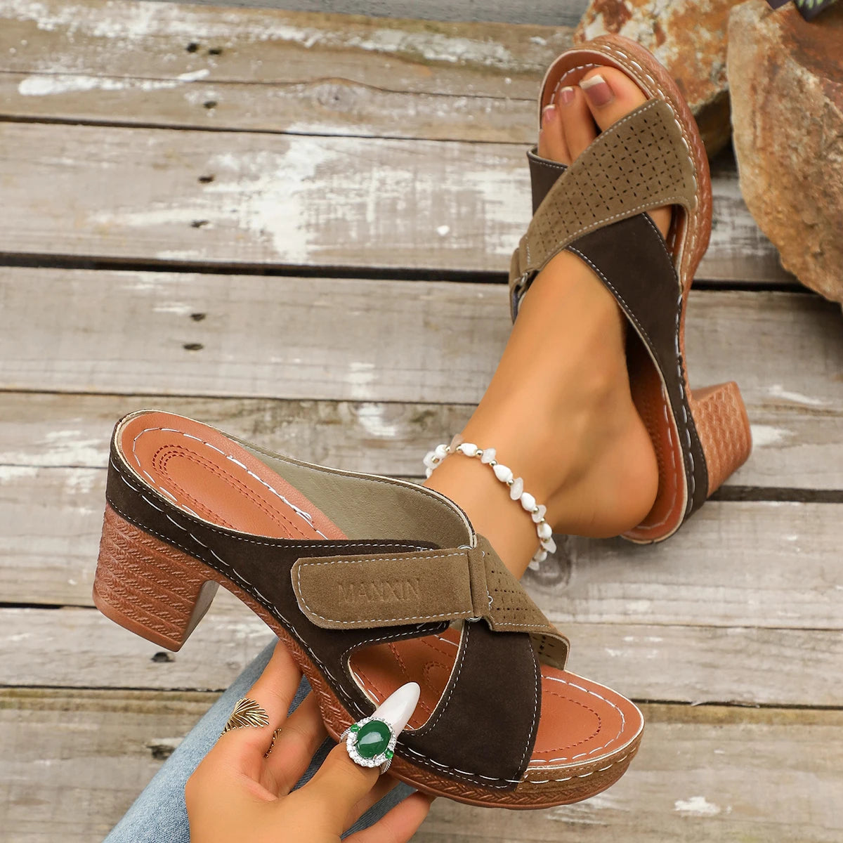 Summer Women High Heel Sandals Large Size Sandals Breathable Thick Heel High Heels Shoes Women Hollow Out Lightweight Shoes Zpaxo GRAY 43