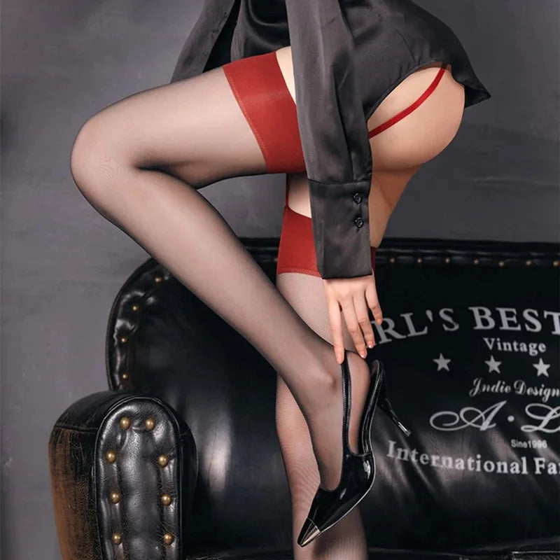 Thigh-High Nylon Stockings with Garter Belt | Black Red Nude