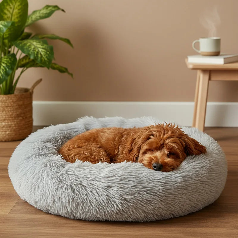 Round Pet Bed Soft Long Plush Winter Warm Sleeping Nest Large Medium