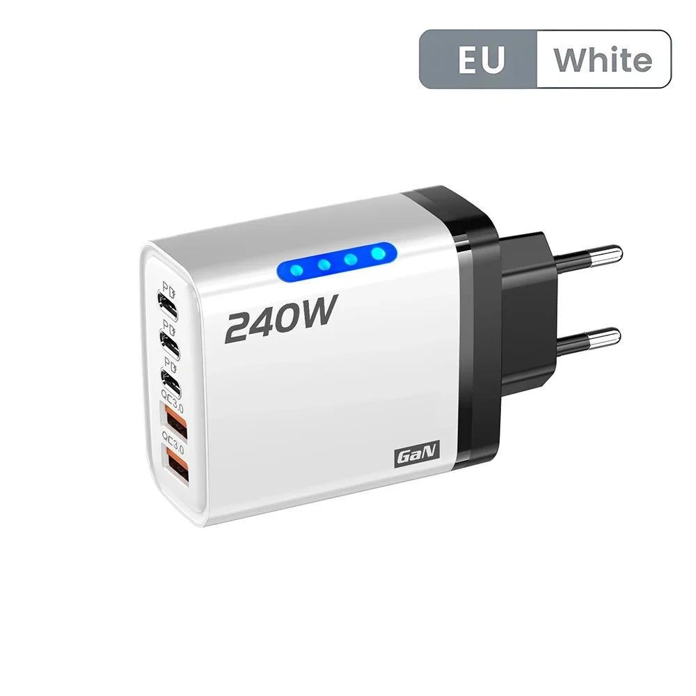 240W 5-Port Fast Charger – USB-C PD & QC 3.0 Wall Adapter Multi-Port Wall Charger Zpaxo EU White