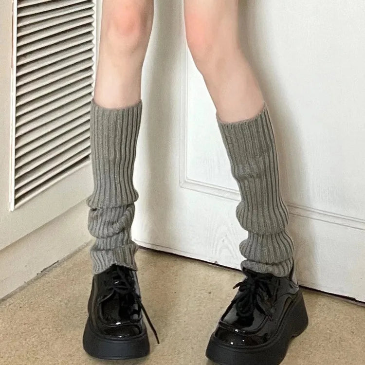 Grey Slouchy Retro Knit Socks Harajuku Loose Leg Warmers Mid-calf JK