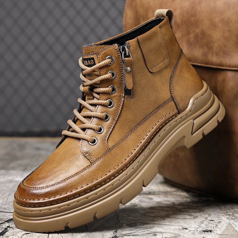 Mens Black Leather Platform Ankle Boots Side Zipper Lace Up Chunky Zpaxo
