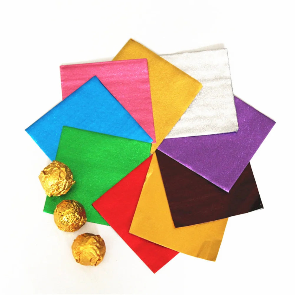100-Pack Aluminum Foil Candy Wrapping Sheets – 8x8cm, 9 Colors