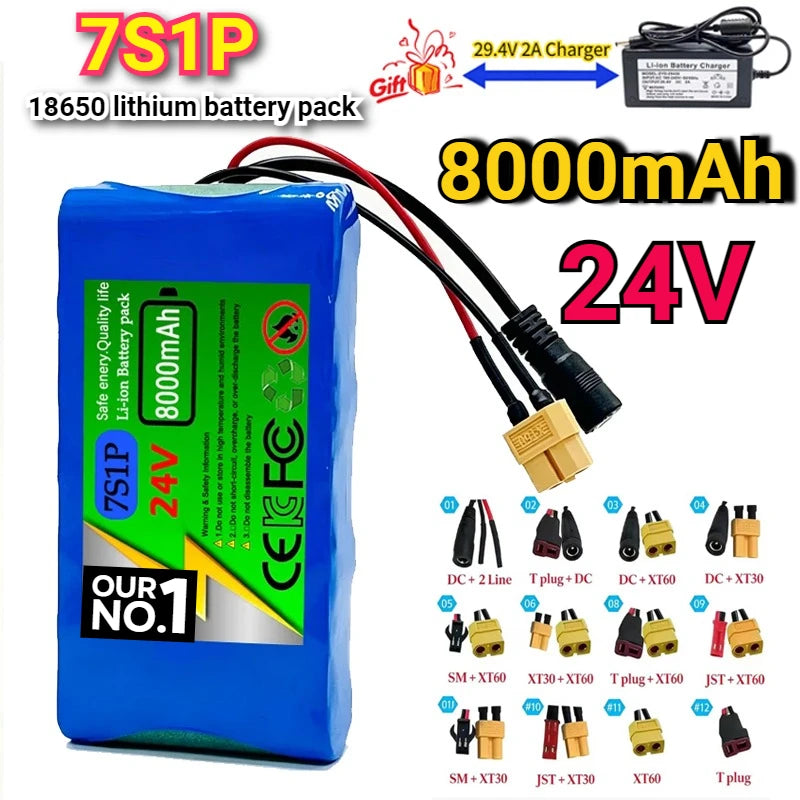 7S1P -24V 18650rechargeable Lithium Battery Pack 8000mAh with BMS Protection Board 29.4V 2A Charger Monitoring Unicycle Battery Zpaxo